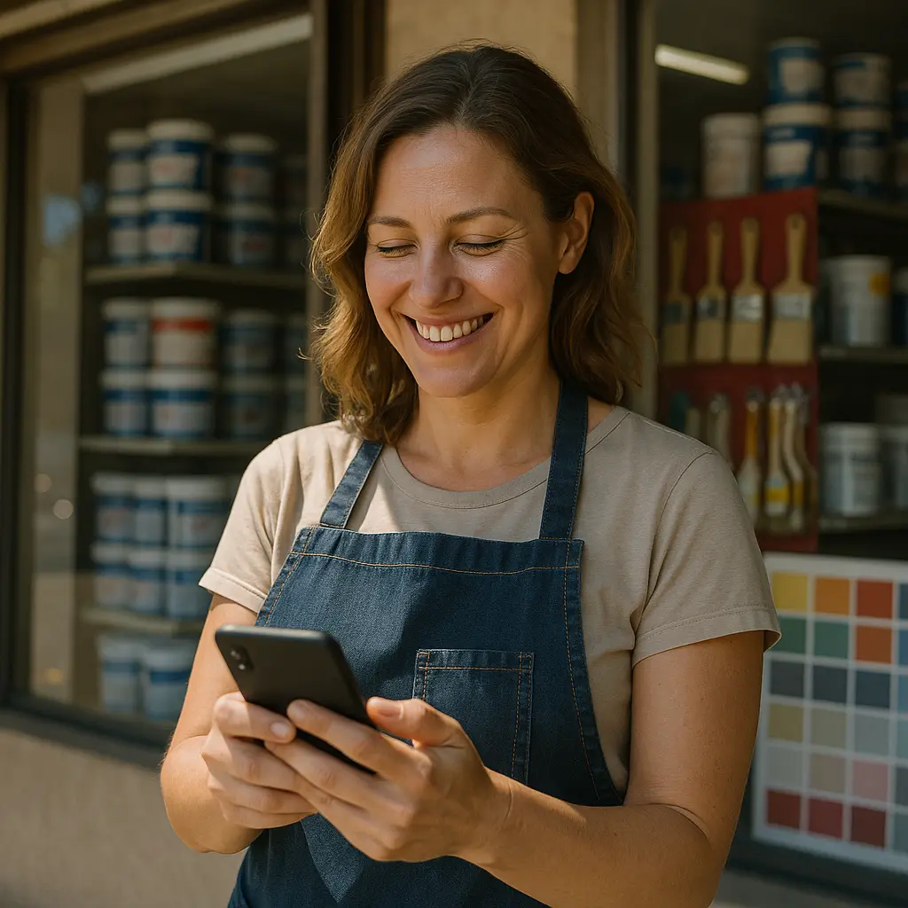 Mujer sonriente con delantal revisando su teléfono frente a una tienda de pintura — apoyo de DUC CAPITAL a pymes en la economía local.