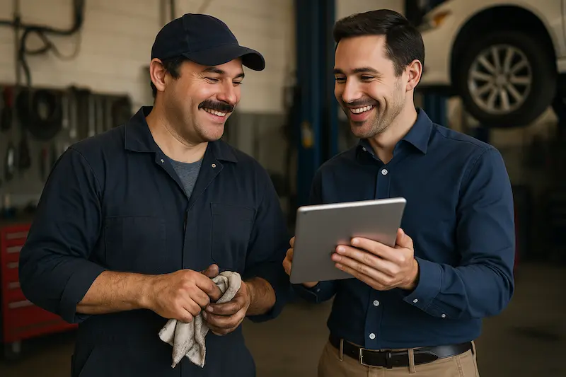 Dos hombres sonrientes conversan en un taller mecánico, uno con uniforme de trabajo y el otro con una tablet, en un entorno de empresa.