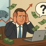 Ilustración de un hombre preocupado frente a su laptop, rodeado de billetes y gráficos financieros ascendentes, dentro de una empresa.