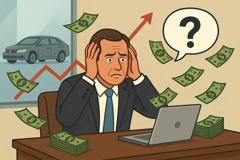 Ilustración de un hombre preocupado frente a su laptop, rodeado de billetes y gráficos financieros ascendentes, dentro de una empresa.