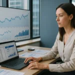 Mujer joven en oficina moderna analizando gráficos financieros y datos de rentabilidad como ROIC en su ordenador portátil.