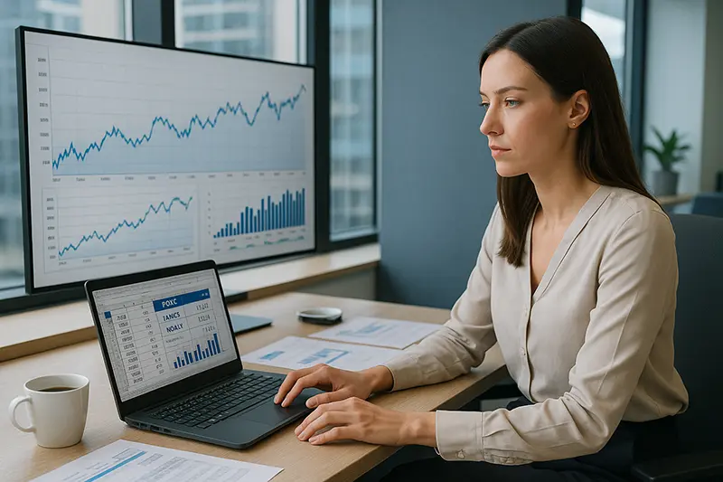 Mujer joven en oficina moderna analizando gráficos financieros y datos de rentabilidad como ROIC en su ordenador portátil.