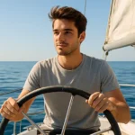 Joven navegando un velero en mar abierto, con ambas manos en el timón y expresión serena, en un día soleado.