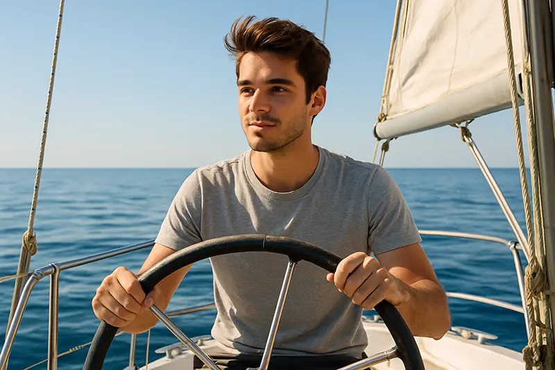 Joven navegando un velero en mar abierto, con ambas manos en el timón y expresión serena, en un día soleado.